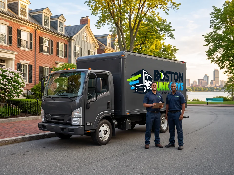 Boston Junk Guys truck and friendly crew in a scenic Boston neighborhood