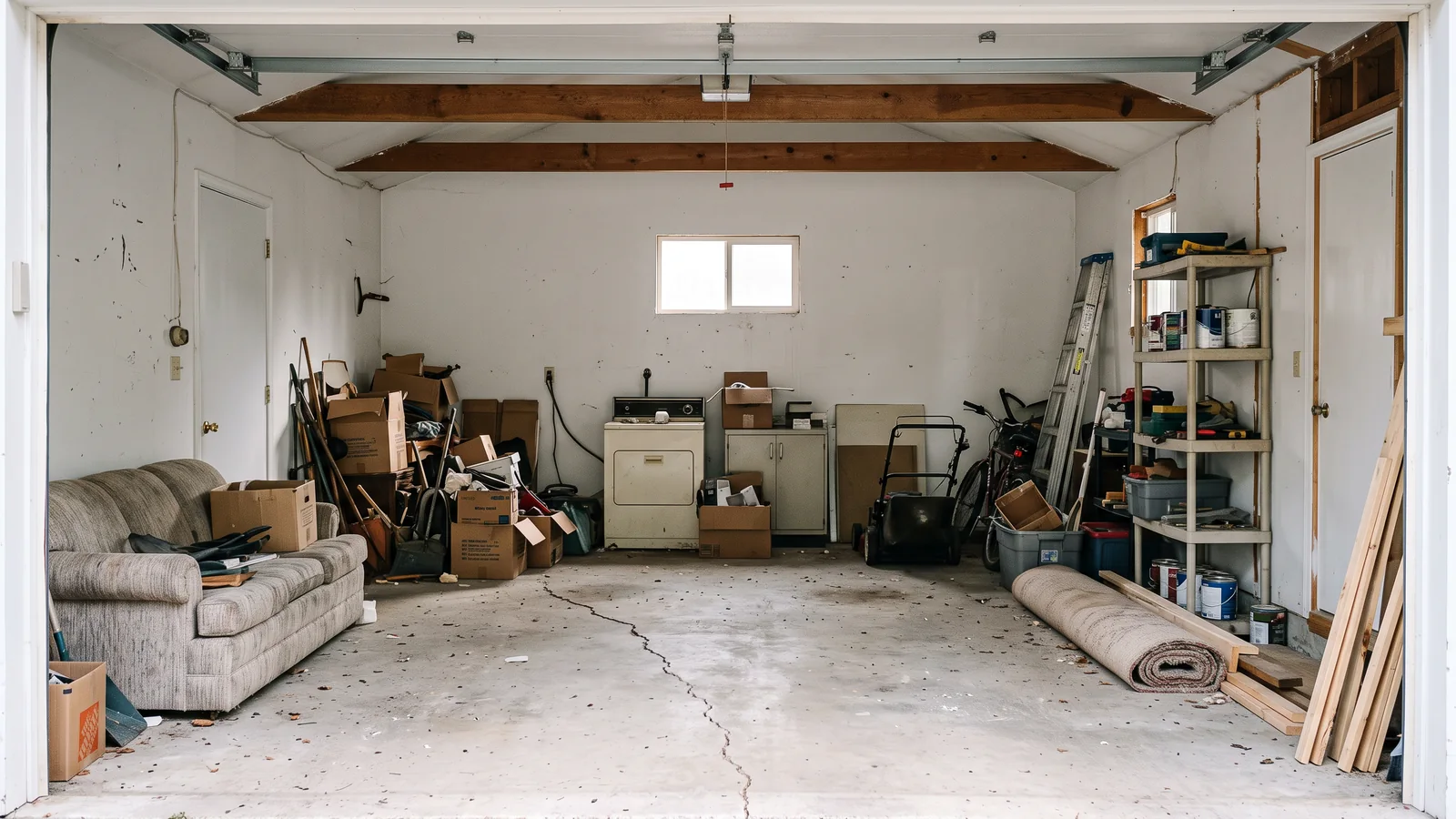 Garage filled with furniture, boxes and unwanted items
