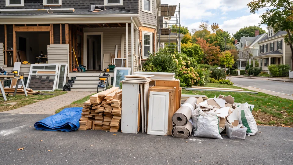 Lumber, flooring and renovation debris organized for pickup