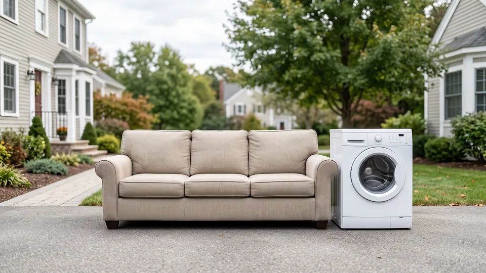 Sofa and washing machine ready for furniture and appliance removal