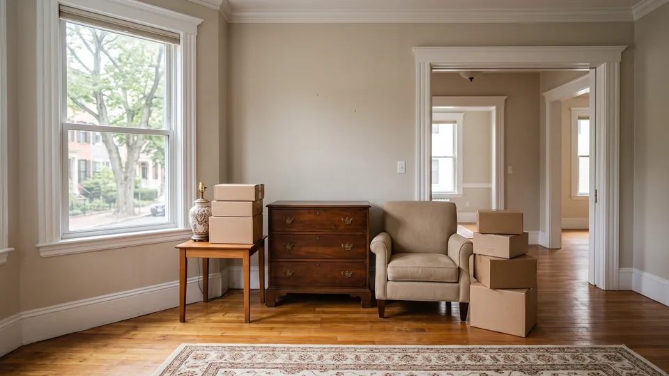 Furniture and packed boxes prepared for a house and estate cleanout