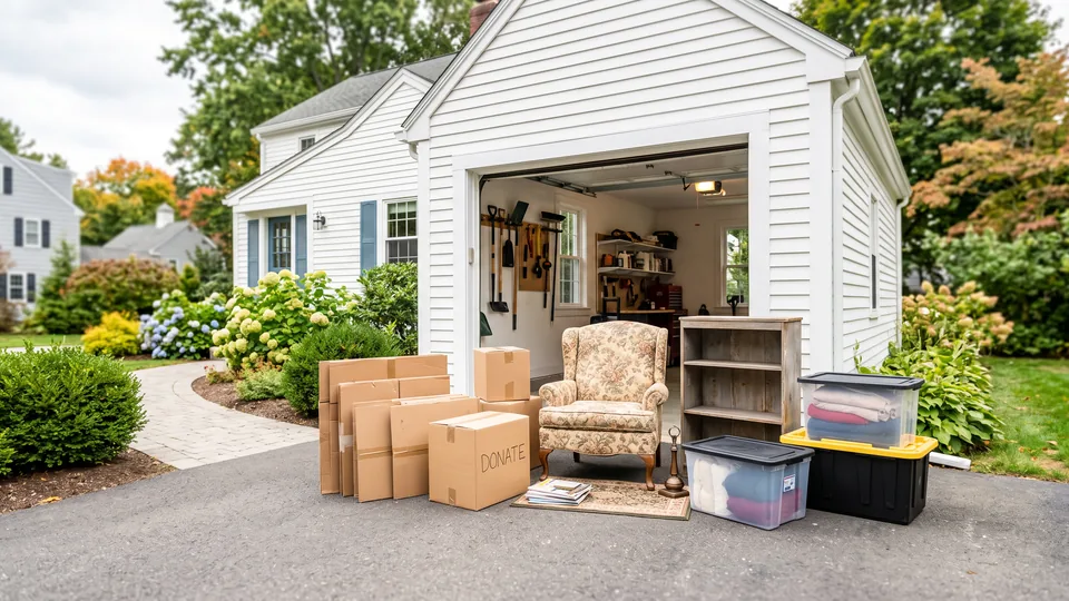 Household items ready for removal outside a New England home