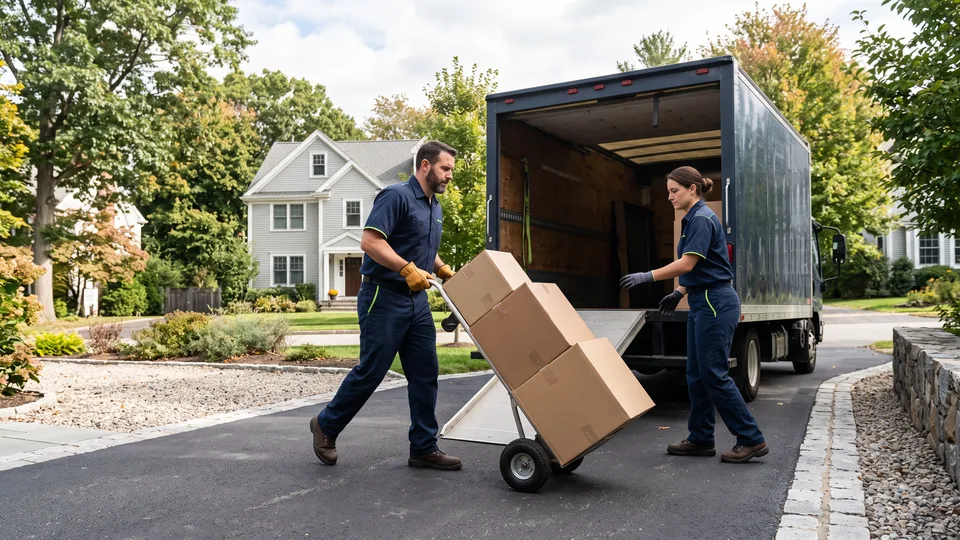 Removal crew loading boxes into a truck for a prompt pickup